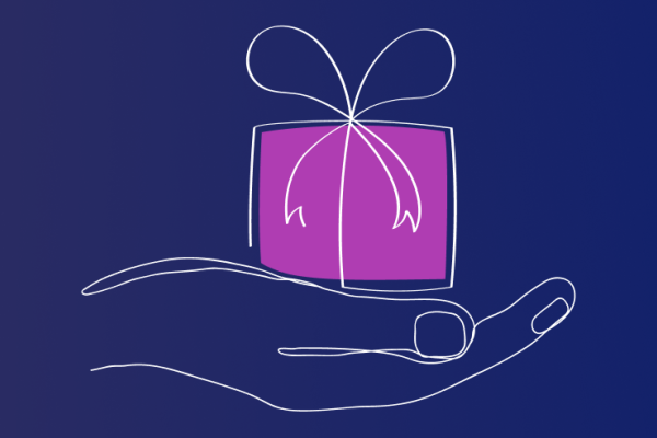 小さな紫色のプレゼントを持っている手のイラスト